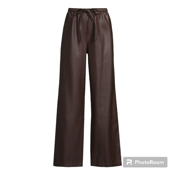REBECCA TAYLOR VEGAN LEATHER WIDE LEG PANTS W/DRAWSTRING WAIST, DATE BROWN S - Picture 2 of 15